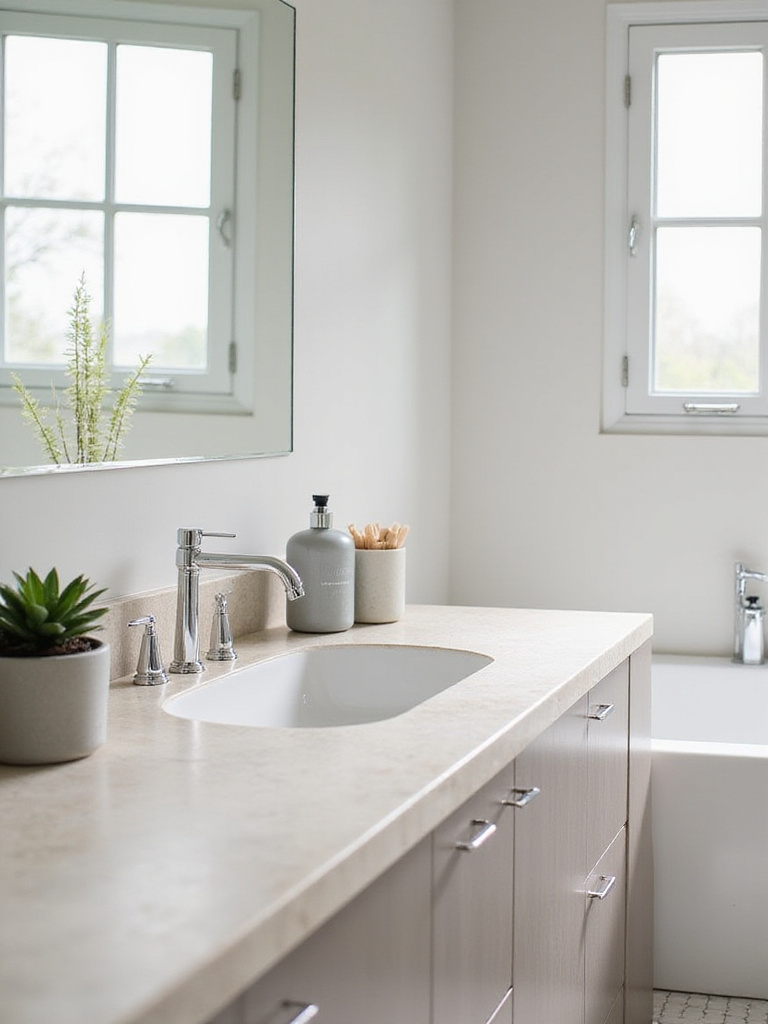 Minimalist bathroom vanity with organized toiletries and a single plant.