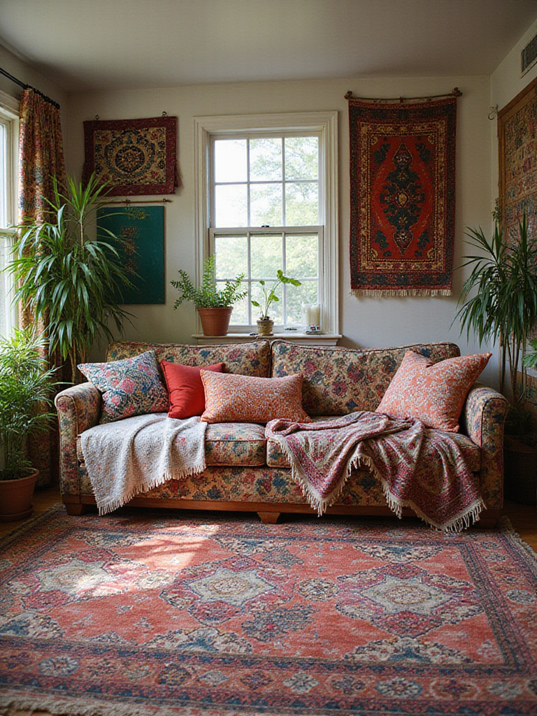 A vibrant boho living room showcasing fearless pattern mixing with layered rugs, patterned pillows on a sofa, and textile wall hangings.