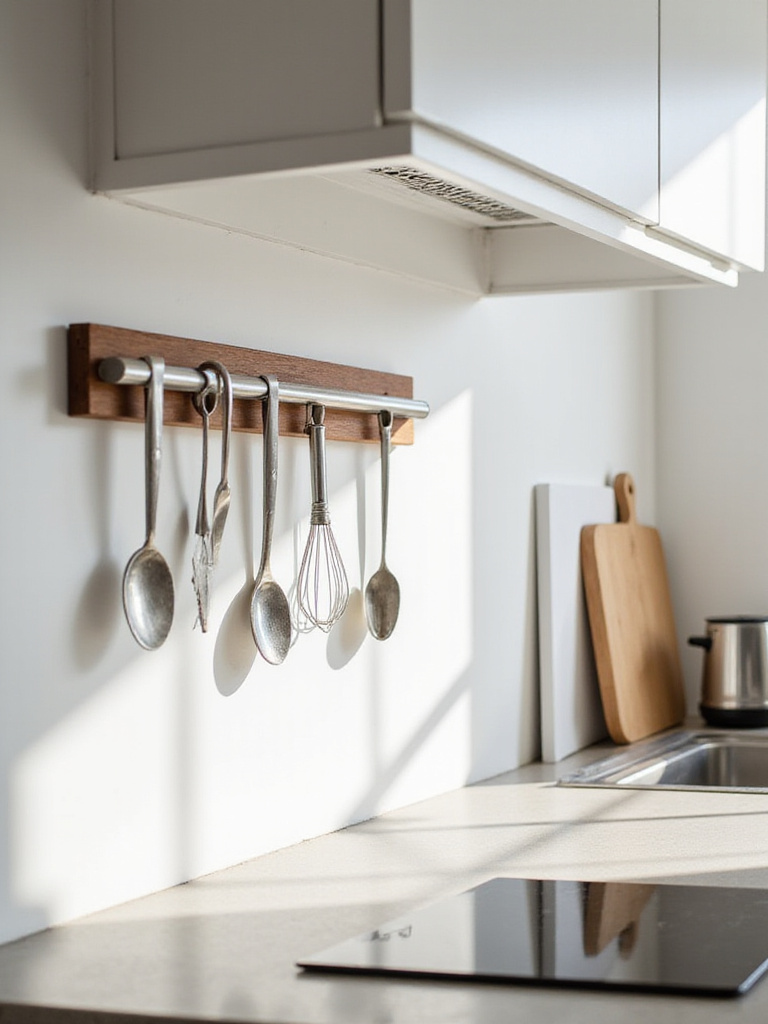 A magnetic strip mounted on a kitchen wall holding various knives and metal utensils, illustrating an organized and space-saving storage solution in a tidy kitchen.