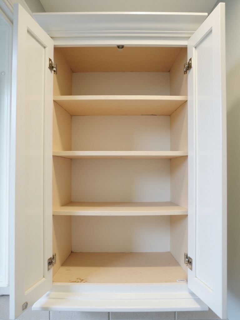 An empty bathroom cabinet, showcasing its clean interior structure.