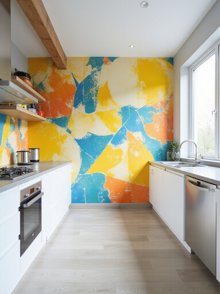 A contemporary kitchen featuring a wall covered in vibrant, bright geometric pattern wallpaper with yellow, blue, and orange colors. White cabinets and natural light create a cheerful atmosphere.