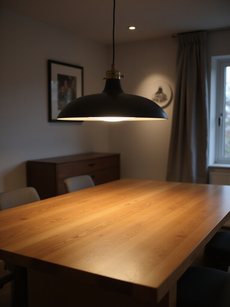 Modern dining room with a wooden table illuminated by an energy-efficient LED pendant light fixture overhead.
