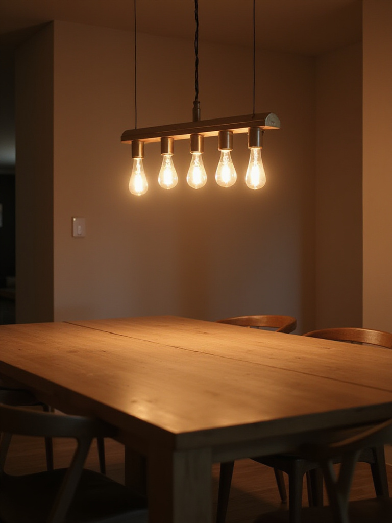 Modern dining room with linear pendant light over wooden table, casting warm, ambient light. Enhancing dining ambiance.