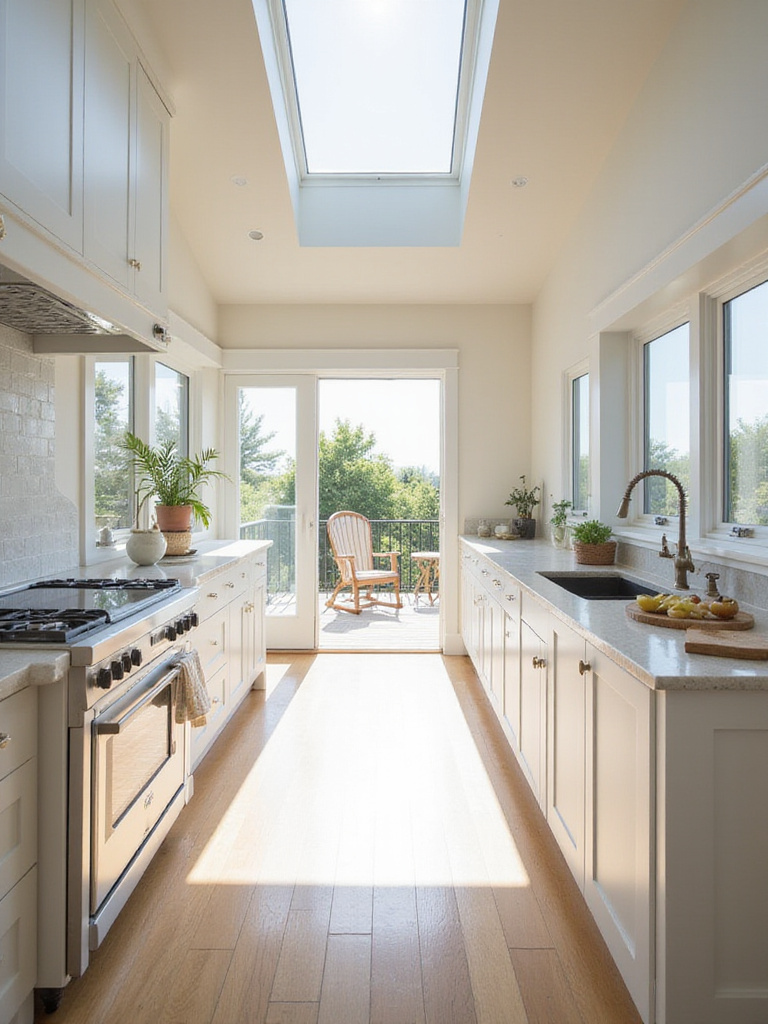 A coastal kitchen with abundant natural light sources like large windows and skylights, maximizing brightness and creating an airy, welcoming environment.