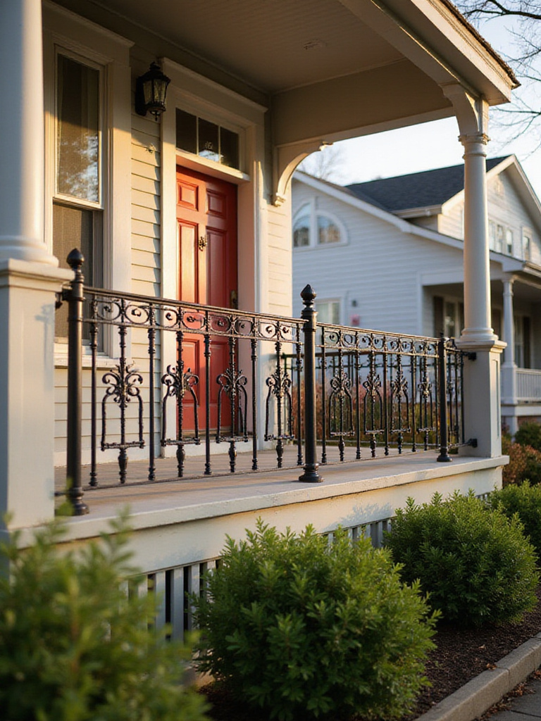 Front porch with elegant wrought iron railing and decorative post caps.