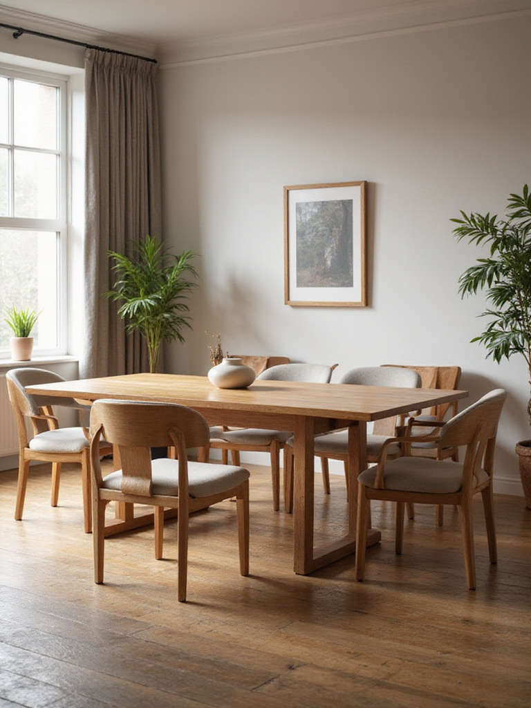 Modern dining table with chairs perfectly tucked underneath, showcasing ideal fit and space efficiency.