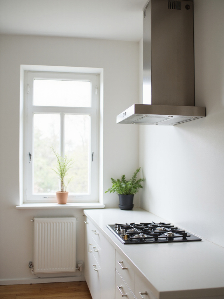 A bright, clean small kitchen interior showing a compact range hood over the stove and a slightly open window, illustrating good ventilation.