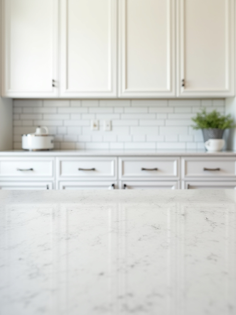 A stylish kitchen with white cabinets, white quartz countertops, and white ceramic subway tile backsplash, showcasing design cohesion.