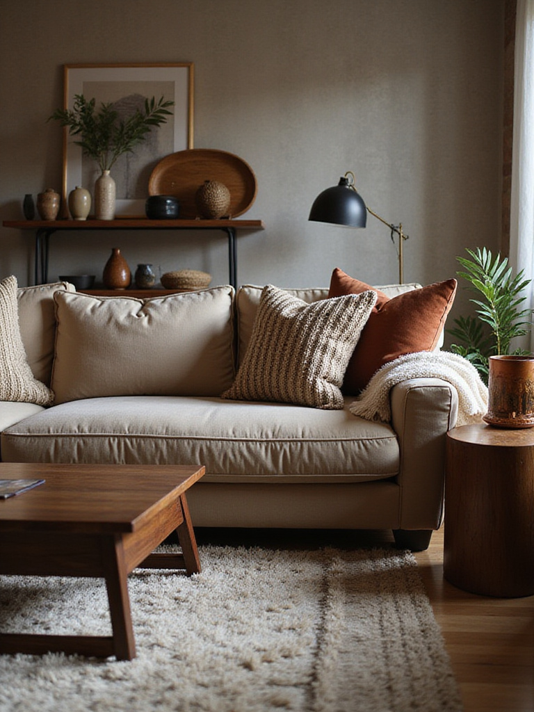 Living room showcasing a rich mix of textures including a velvet sofa, knit pillows, shag rug, wooden table, and textured walls to add depth and visual interest.