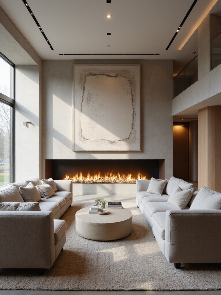Stylish contemporary living room featuring a modern fireplace with abstract art above as the central focal point, surrounded by comfortable seating.