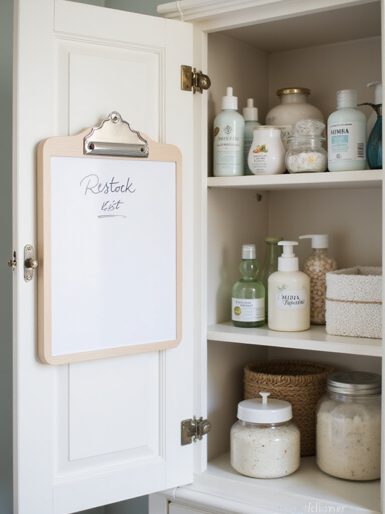 Organized bathroom cabinet with a restock list whiteboard