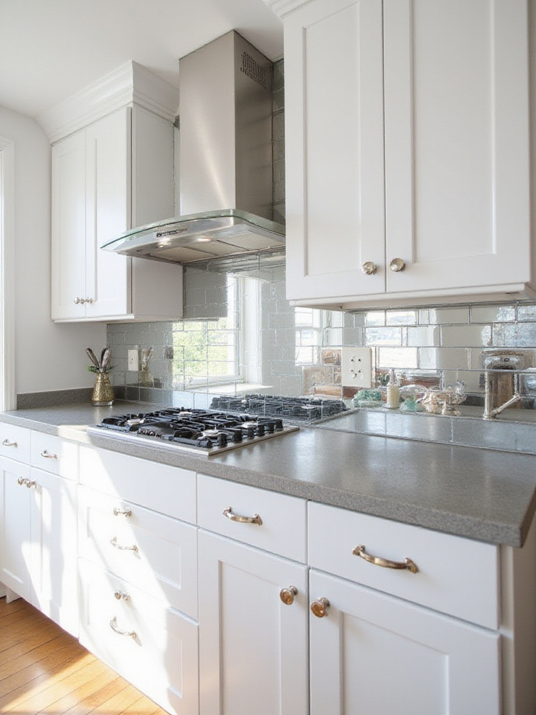 Modern kitchen with mirrored backsplash and white cabinets