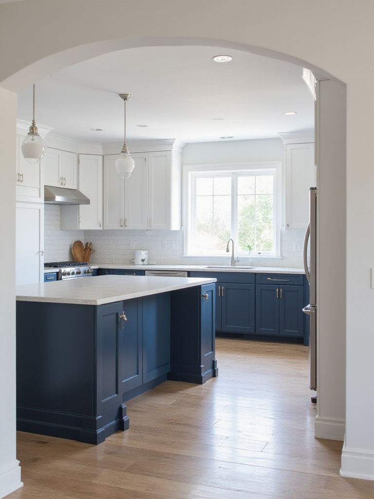A modern kitchen with two-tone cabinets, featuring white upper cabinets and deep navy blue lower cabinets and island.