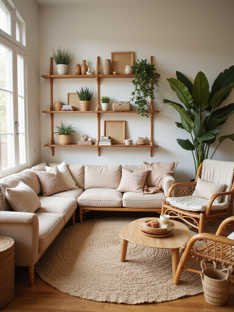A boho living room featuring natural wood furniture, rattan chairs, woven baskets, and abundant plants, creating a warm and earthy atmosphere.