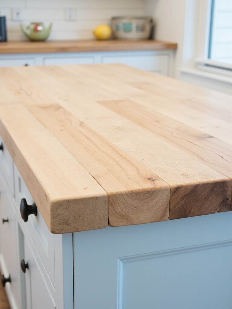 A natural, lightly stained wood countertop on a kitchen island, bringing a warm, weathered driftwood look to a coastal kitchen design.