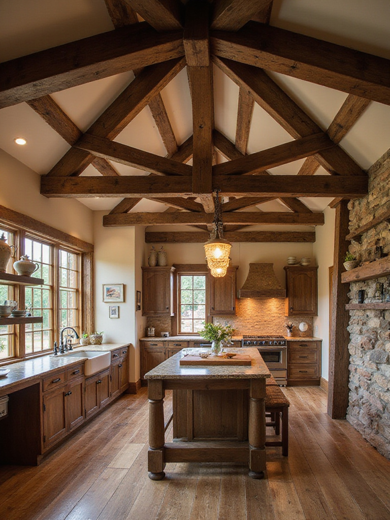 A rustic kitchen ceiling with warm, dark-stained exposed wooden beams creating a cozy and authentic atmosphere.