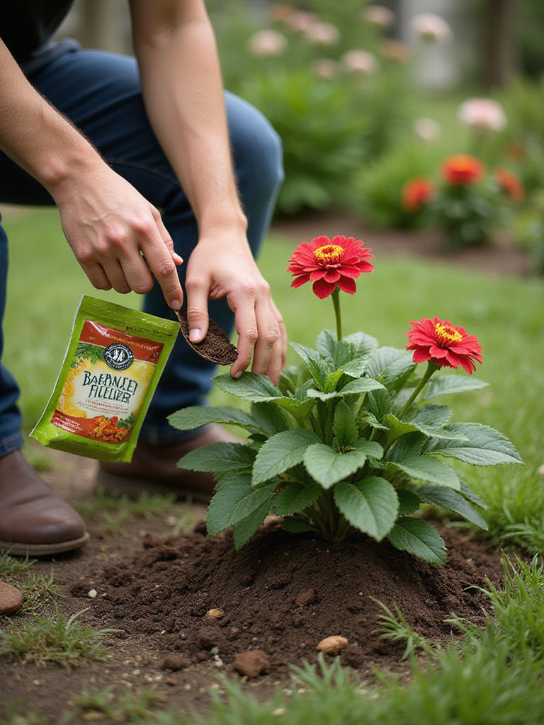 Applying fertilizer or compost moderately around the base of a flowering plant.