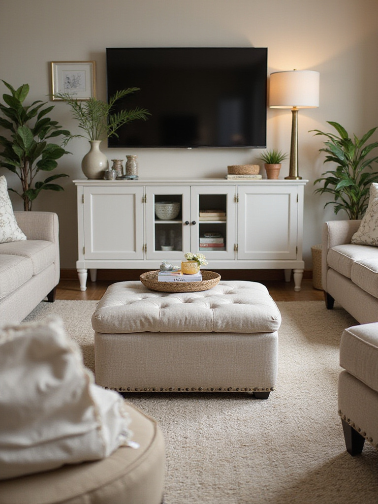 Stylish living room with storage ottoman and media console