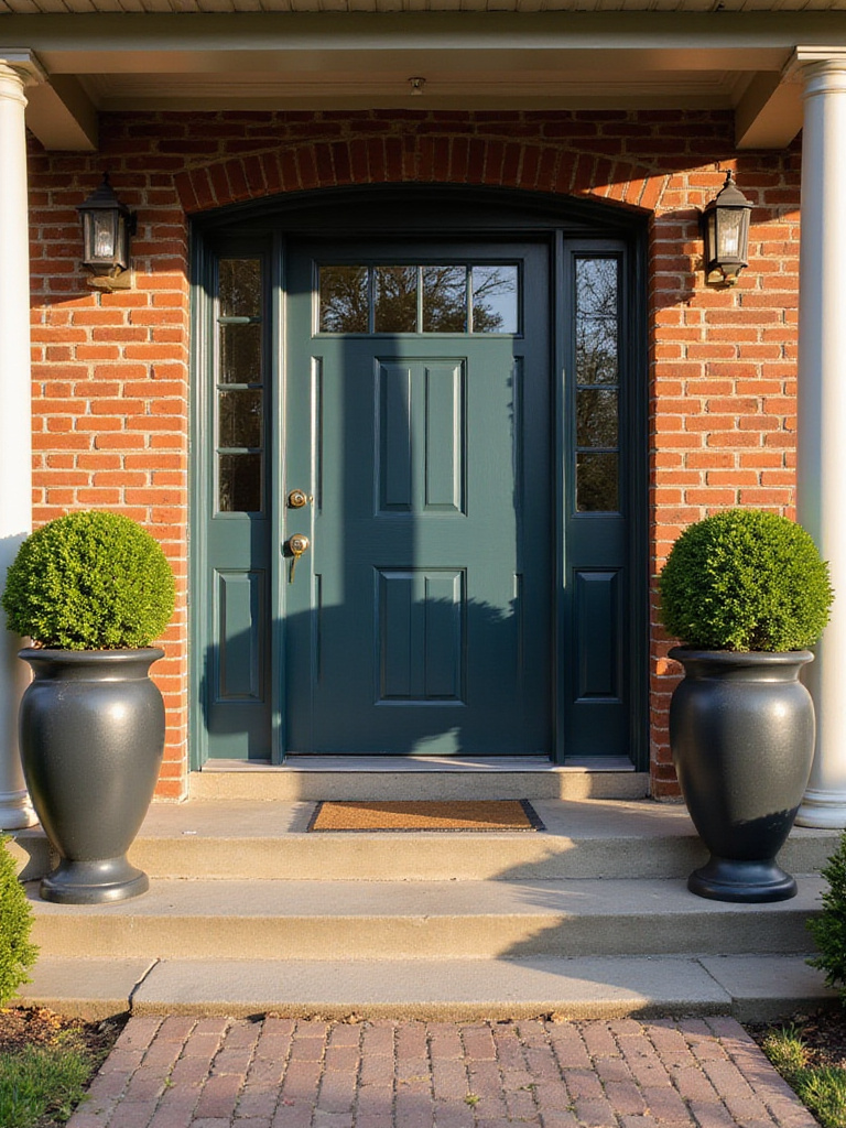 Symmetrical dark grey planters with green boxwood spheres flanking a teal front door on a red brick house.