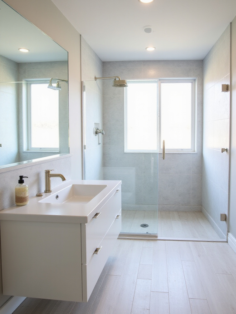 Minimalist bathroom design emphasizing functionality with wall-mounted vanity and walk-in shower.