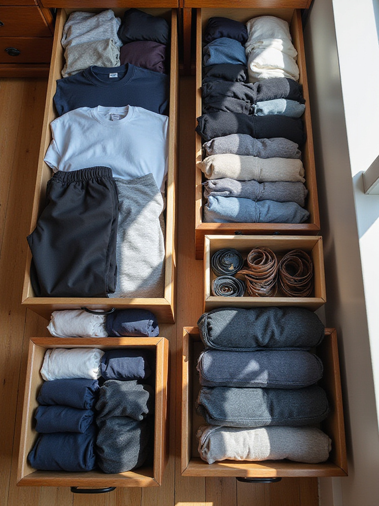 Open dresser drawers showing clothes neatly organized using folding and rolling techniques. T-shirts and pants are vertically folded in rows, while socks and underwear are tightly rolled into sections, demonstrating efficient space saving.
