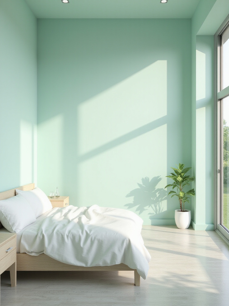 A bright and airy bedroom with walls painted in fresh mint green, featuring white bedding and natural light streaming in.