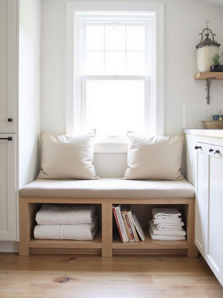 Kitchen with built-in bench seating and hidden storage compartment containing linens and cookbooks.