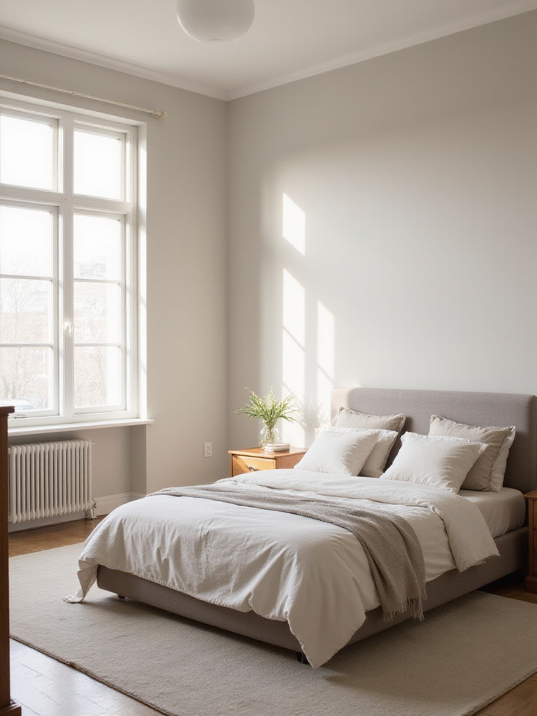 A tranquil bedroom painted in gentle greige, featuring a comfortable bed and natural wood furniture under soft natural light.