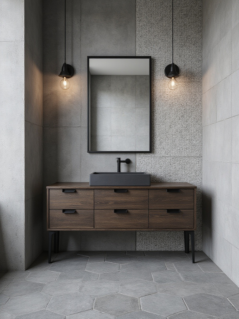 Industrial bathroom with muted grey hexagonal floor tiles and a geometric pattern accent wall behind the vanity.