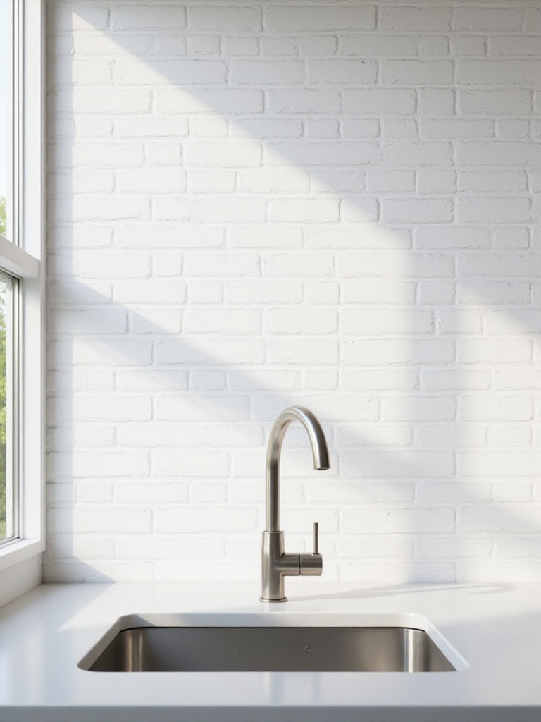 Modern kitchen featuring a wall decorated with realistic white subway tile pattern wallpaper, showcasing a clean countertop and sink area.
