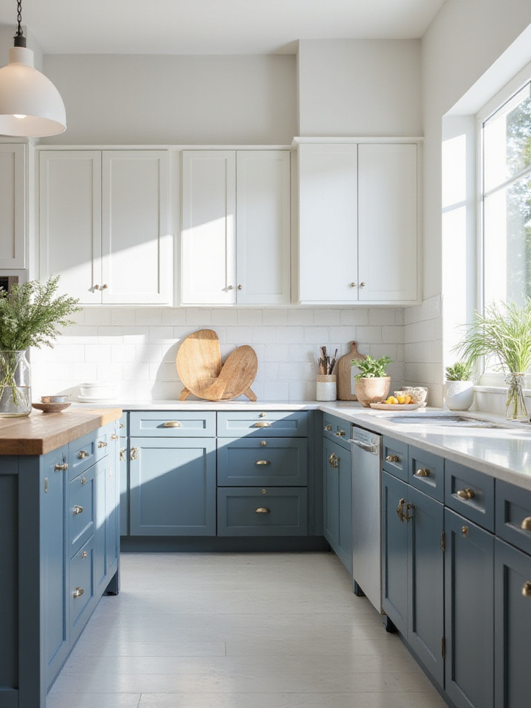 Modern kitchen featuring freshly painted two-tone cabinets, crisp white uppers and blue-gray lowers, updated with a fresh coat of paint.