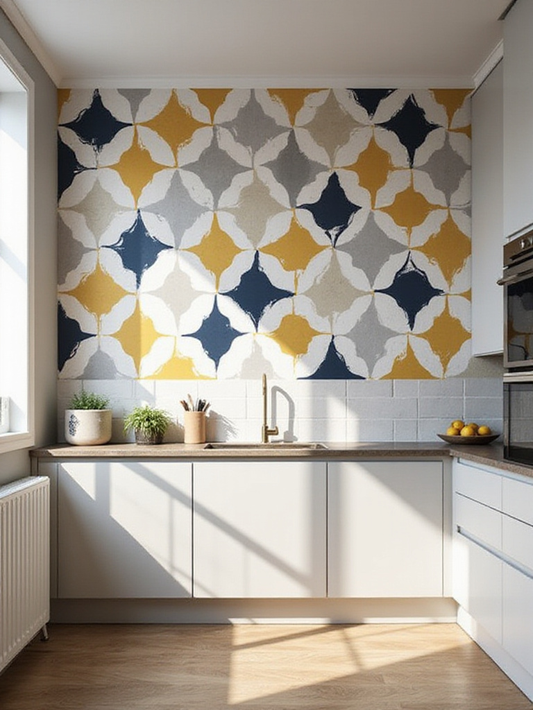 Modern kitchen accent wall featuring bold geometric pattern wallpaper in navy and white above sleek cabinets.