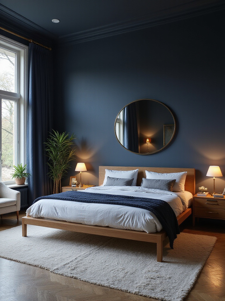 Dramatic bedroom featuring deep navy blue walls, layered white and grey bedding, warm wood furniture, and brass accents, creating a serene and sophisticated sanctuary.