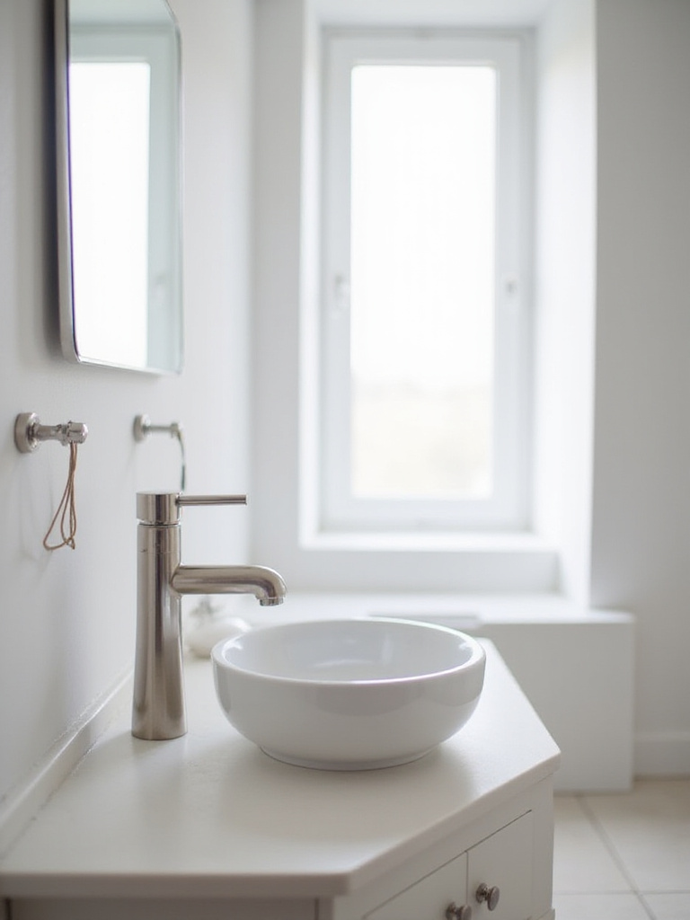 Minimalist bathroom with wall-mounted faucet and floating vanity