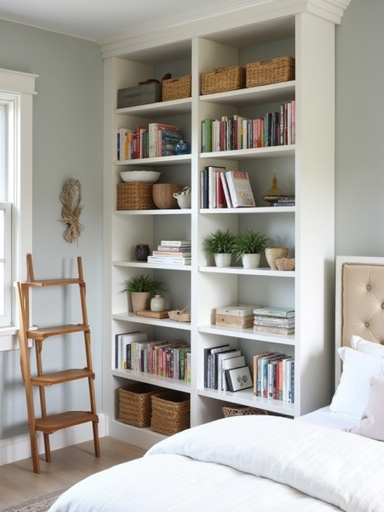 Small bedroom with floor-to-ceiling bookshelf for vertical storage.