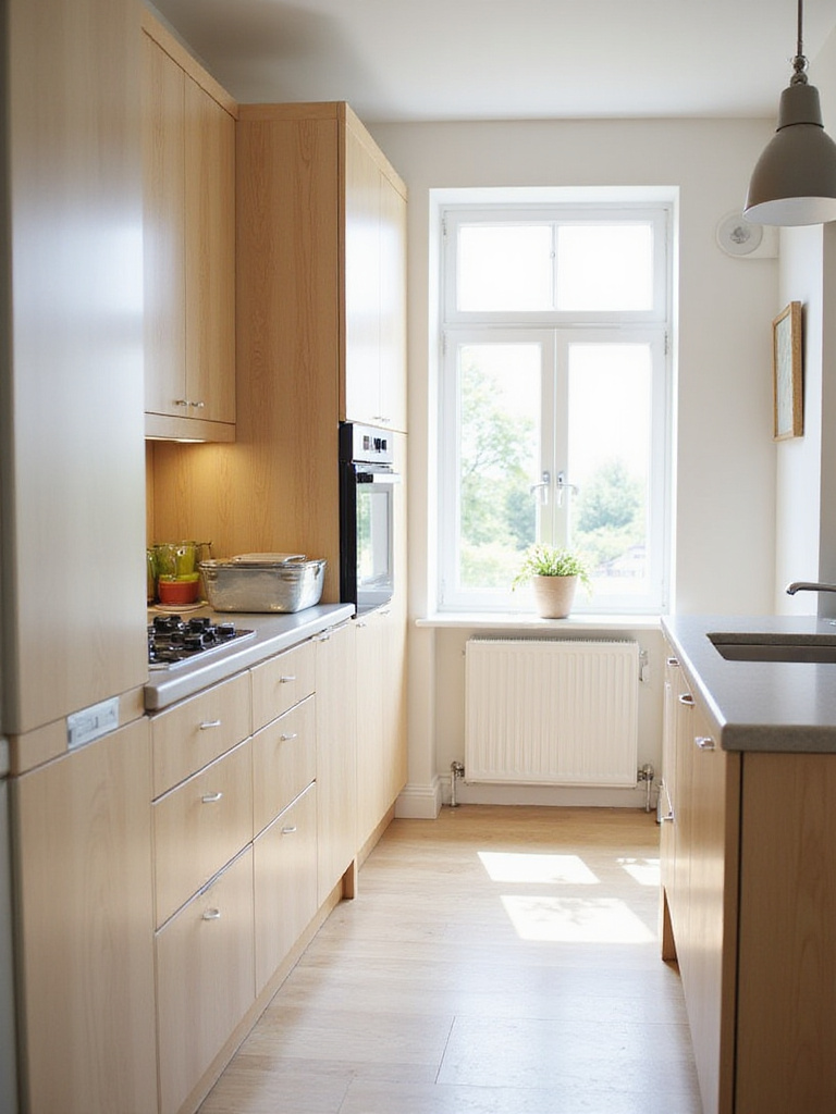 Small modern kitchen featuring integrated and slimline appliances hidden behind cabinetry for a seamless, space-maximizing design.