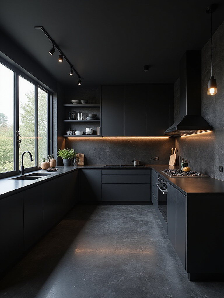 A modern kitchen featuring a bold monochromatic black design with matte cabinets, polished countertops, and textured backsplash, illuminated by natural and artificial light.