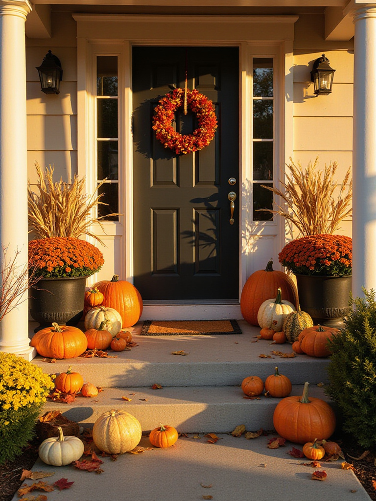 Front porch heavily decorated for fall with a large assortment of pumpkins, gourds, corn stalks, and mums surrounding a dark front door under warm golden hour light.