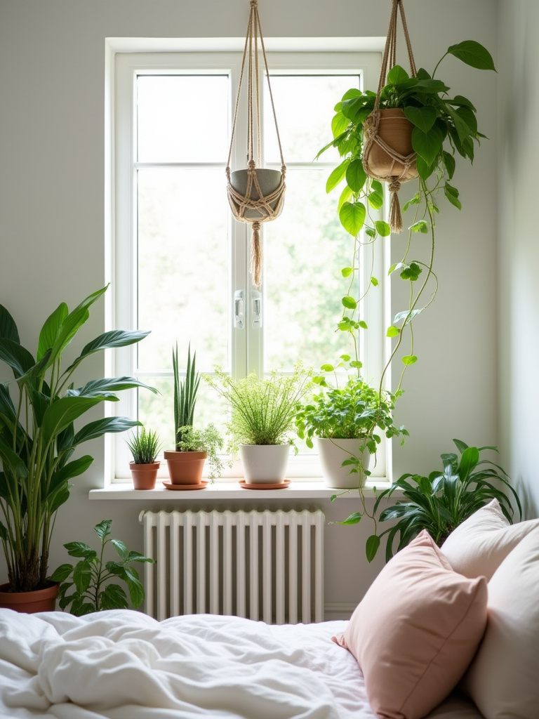 Bedroom interior with various houseplants adding a touch of nature and improving air quality.