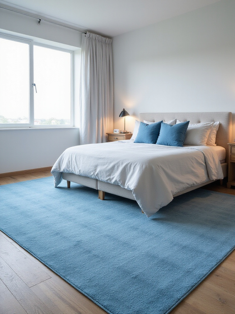 A serene bedroom featuring a large blue area rug placed under a queen-sized bed, creating a calming and grounded space.