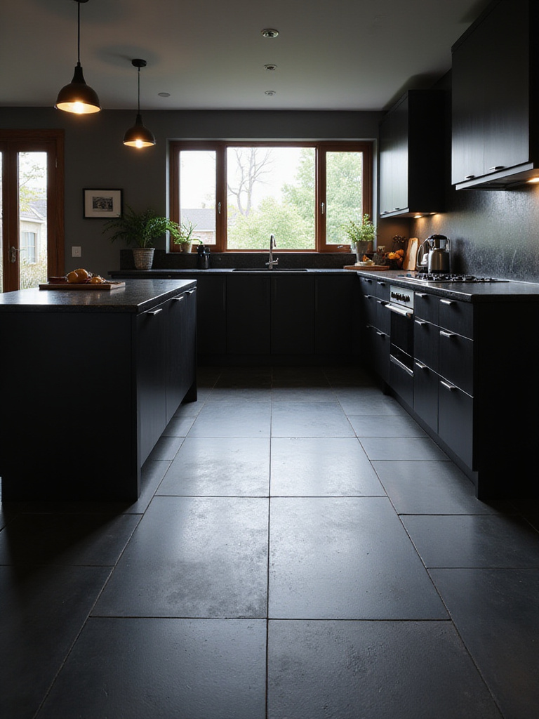 Modern black kitchen featuring matte black large format tile flooring, black cabinets, and a black island, illustrating how dark flooring grounds the space.