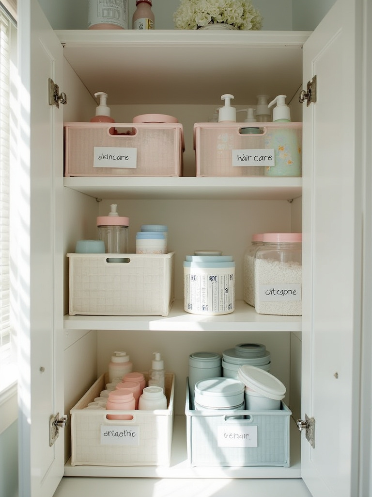 Organized bathroom cabinet with categorized skincare and medications