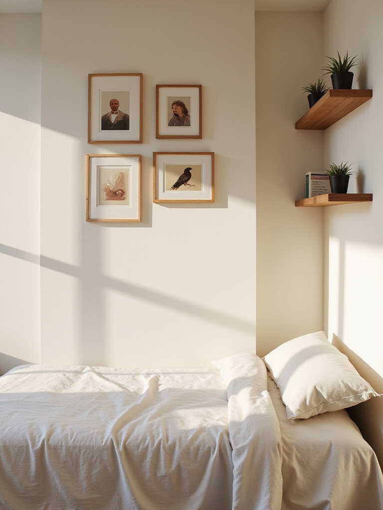 Small bedroom with gallery wall and floating shelves to maximize space.