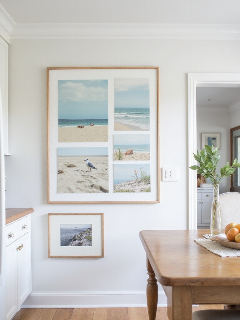 Beach-themed art or photography prints hanging on a coastal kitchen wall, adding personality and reinforcing the seaside aesthetic.