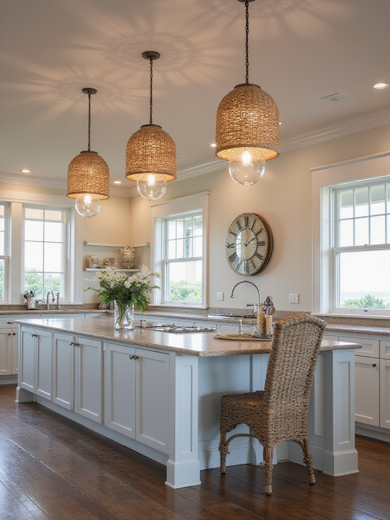 Pendant lights with clear glass or woven rattan shades hanging above a kitchen island, adding a coastal touch and warm illumination.