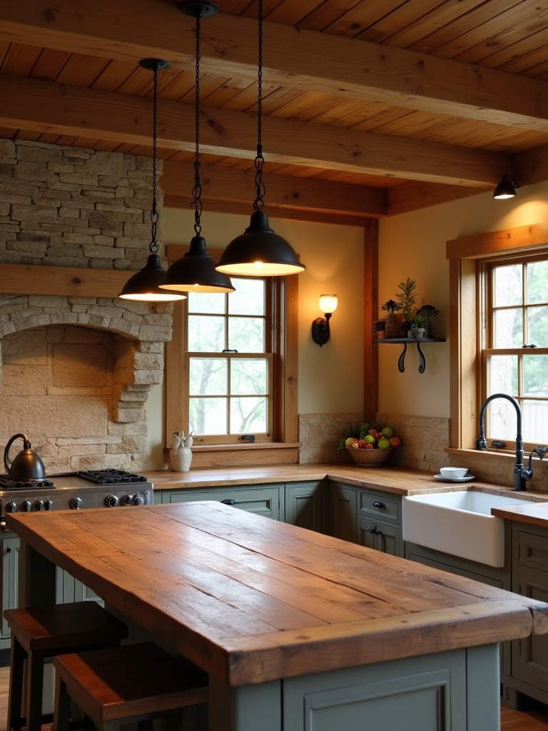 Rustic kitchen featuring a large wooden island with metal and wood pendant lights, a wrought iron chandelier over a dining table, and wall sconces, showcasing various rustic-inspired lighting fixtures.