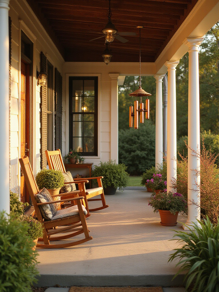 Copper wind chimes hanging on a charming craftsman front porch.