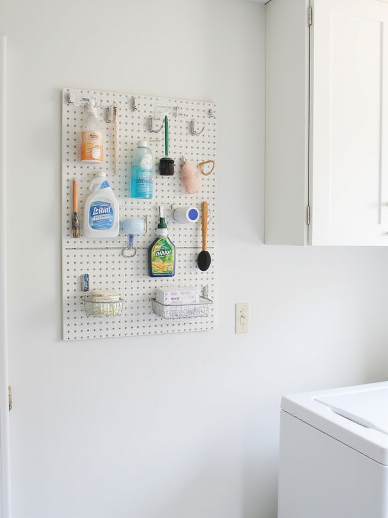 Laundry room pegboard storage system with cleaning supplies