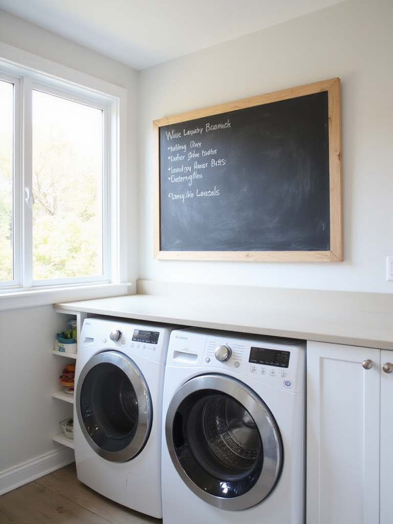 Clean and organized laundry room featuring a framed chalkboard hanging on the wall with laundry notes, alongside a washing machine, dryer, and countertop.