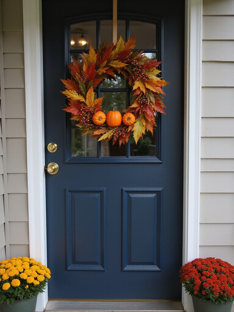 Autumn wreath hanging on a dark blue front door.